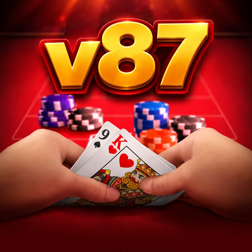 Tampilan meja kartu Baccarat Deluxe dengan logo v87 bernuansa kasino elegan
