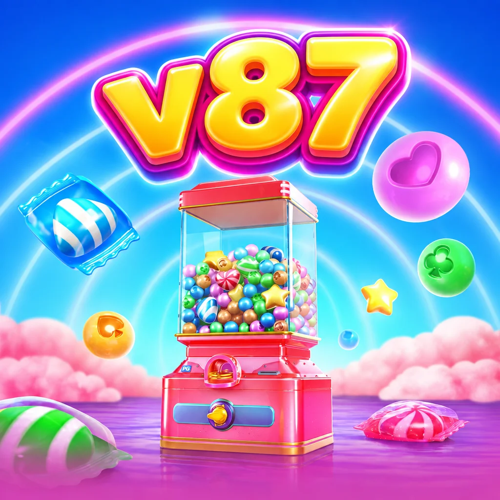 Logo v87 dengan mesin permen warna merah muda dan aneka permen manis di Candy Superwin