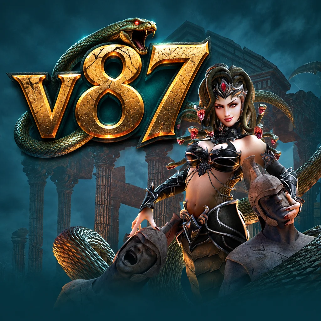 Logo v87 bertema Medusa2 menampilkan karakter Medusa, ular raksasa, dan patung batu prajurit